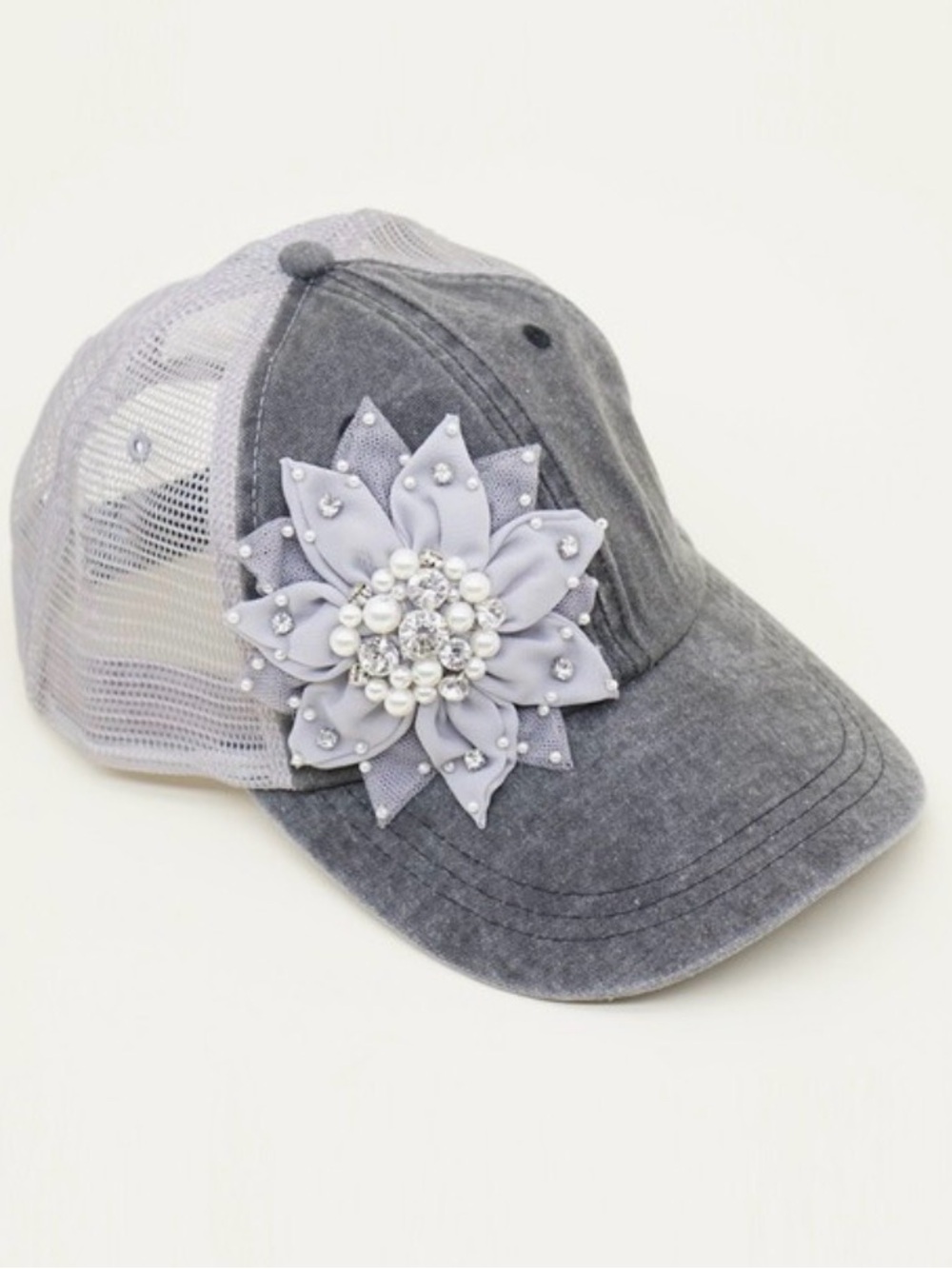 Embellished Flower Grey Mesh Trucker Hat